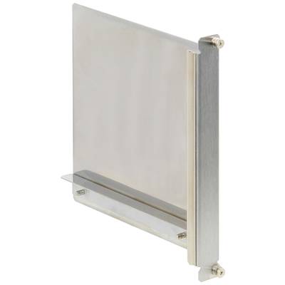 Une vitre transparente, montée sur un cadre métallique avec des supports rectangulaires aux coins, suspendue devant un fond blanc.