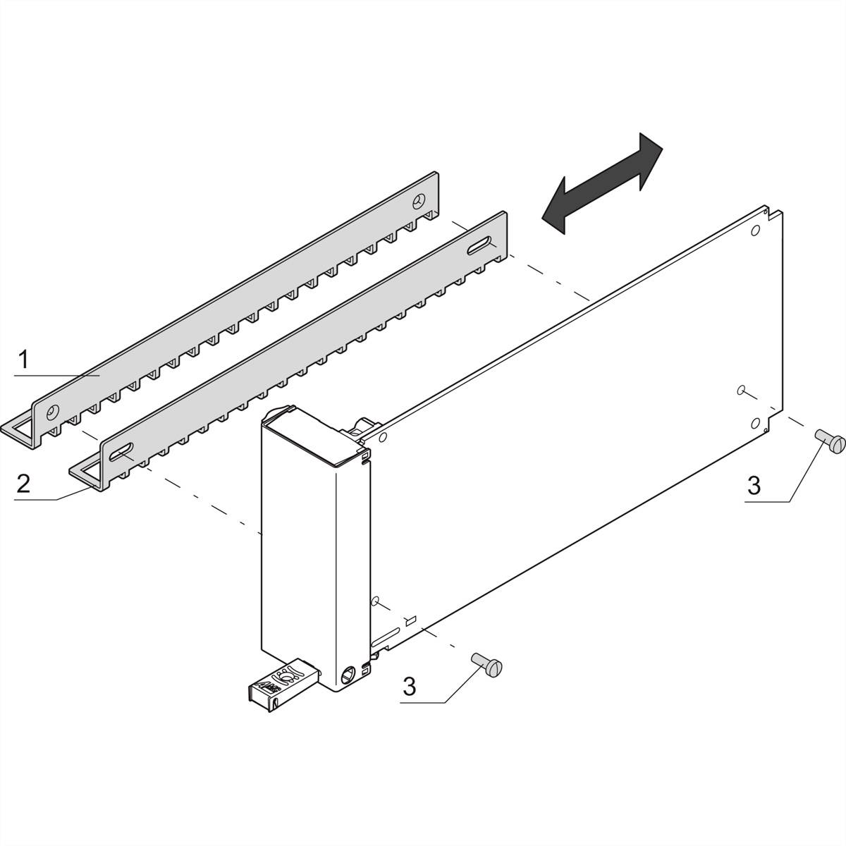 Vue éclatée d'un composant mécanique avec deux vis, une crémaillère, un boîtier et une double flèche indiquant la direction du mouvement.