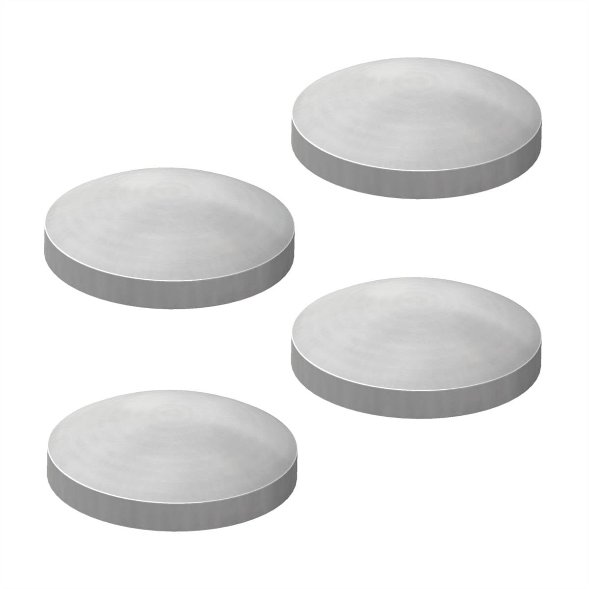 Quatre aimants métalliques argentés, ronds, disposés en carré sur un fond blanc.