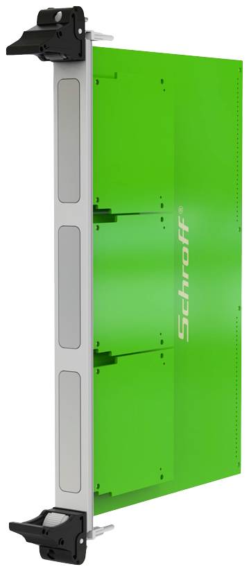 Un boîtier électronique vert portant l'inscription 'Schroff', tenu verticalement, avec des supports aux extrémités.