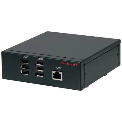 Boîte noire avec deux ports USB et une connexion LAN sur la façade, portant l'inscription rouge 'Schroff' en haut à droite.