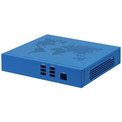Un appareil électronique bleu avec un motif de carte du monde sur le dessus. Il dispose de ports USB et LAN à l'avant.