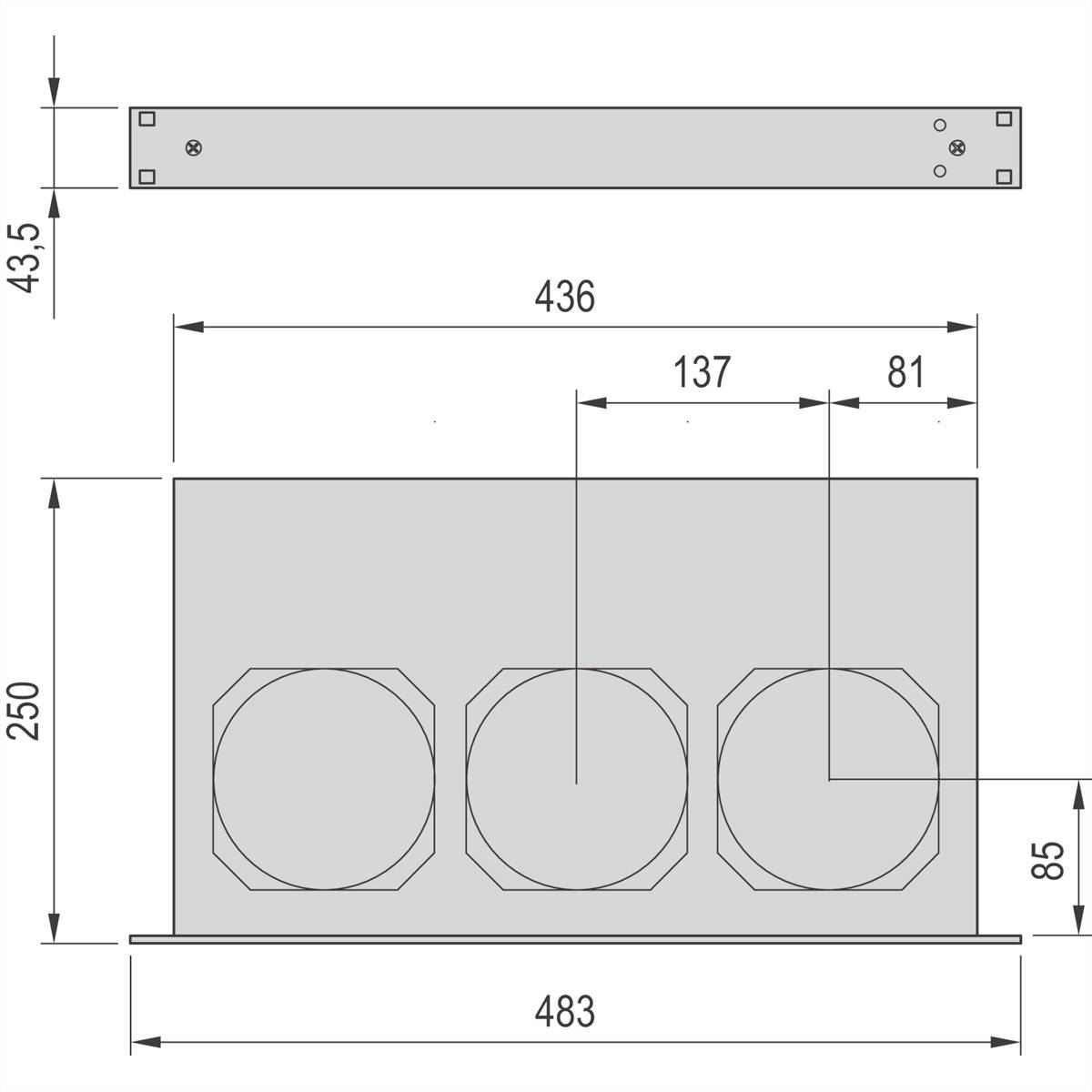 Dessin technique d'un composant rectangulaire avec trois découpes circulaires et dimensions : largeur 483, hauteur 250, profondeur 85 millimètres.