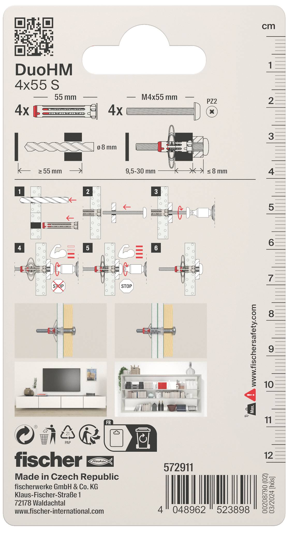 Dos de l'emballage de Fischer DuoHM 4x55 S, présentant un guide de montage pour la fixation de vis dans différents matériaux, avec des diagrammes et des pictogrammes explicatifs.