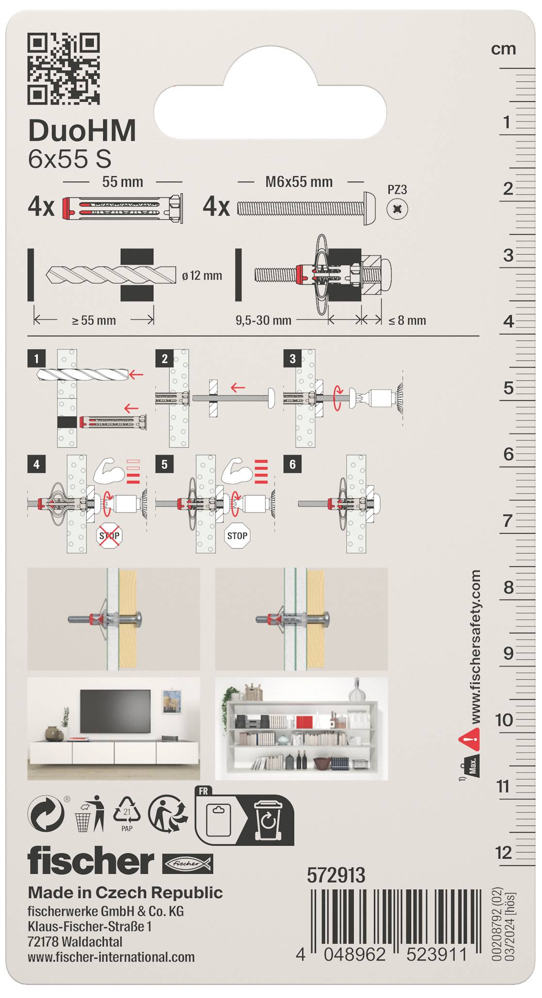 La figure présente un guide de montage pour les chevilles Fischer Duo HM 6x55 S. Elle comprend les étapes pour une installation correcte dans les murs.