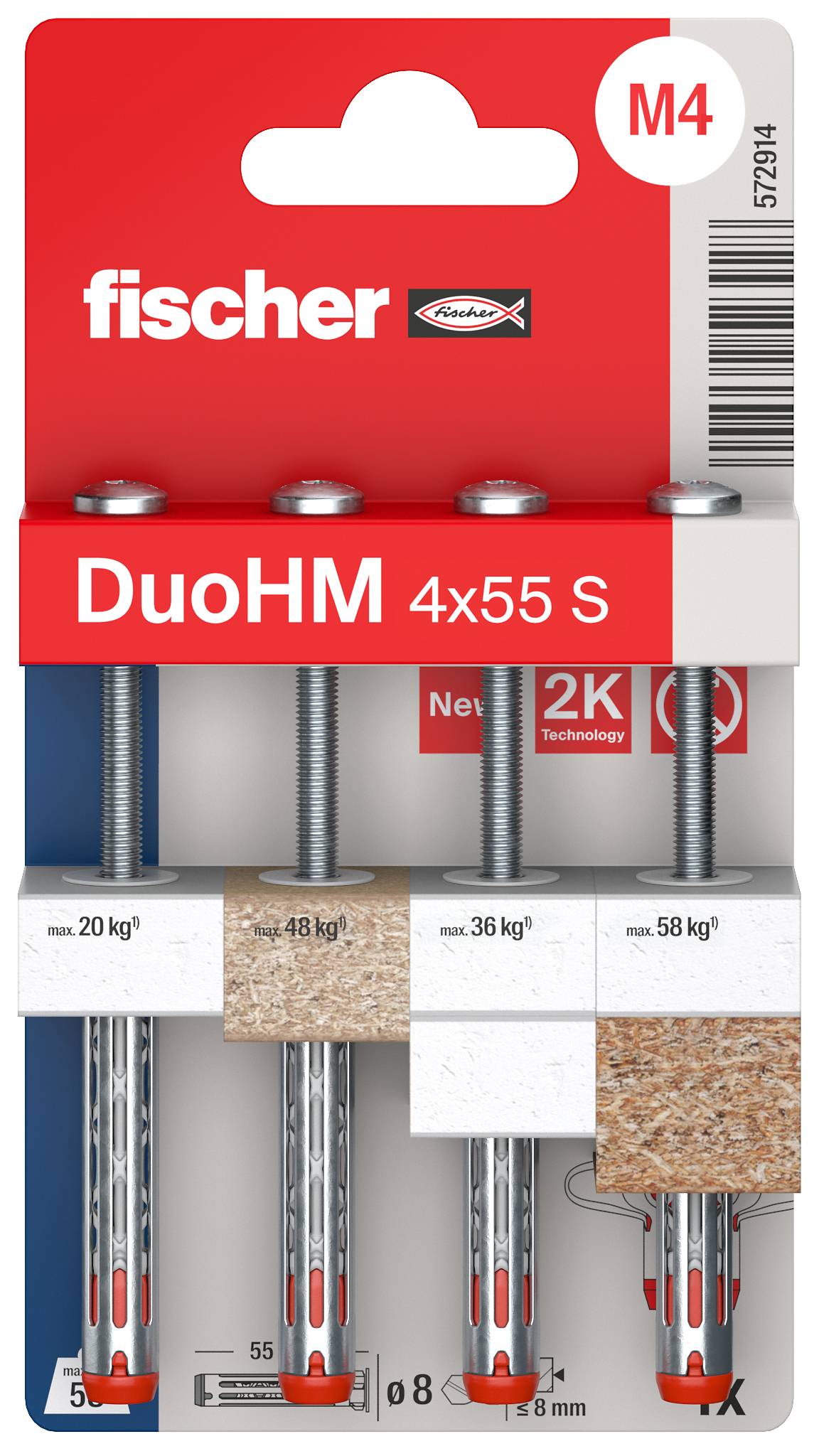 Emballage de chevilles murales Fischer DuoHM pour vis M4 x 55, présentant quatre variantes de chevilles et les capacités de charge pour différents matériaux de paroi.