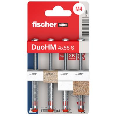 Emballage de chevilles murales Fischer DuoHM pour vis M4 x 55, présentant quatre variantes de chevilles et les capacités de charge pour différents matériaux de paroi.