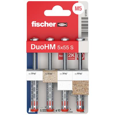 Quatre chevilles Fischer DuoHM 5x55 S sur emballage en carton. Chacune avec charge d'essai : 20 kg, 50 kg, 38 kg, 60 kg, sur différents matériaux.