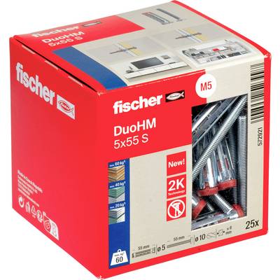 Boîte de chevilles Fischer DuoHM 5x55 S M5, paquet de 25, avec image du produit et une fenêtre transparente montrant les chevilles métalliques à l'intérieur.