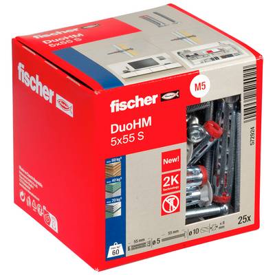 Boîte d'chevilles murales Fischer DuoHM 5x55 S M5, montrant un mélange de quincaillerie à l'intérieur et les détails de l'emballage, étiqueté 25x.