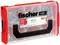 Ensemble d'outils Fischer avec bordures rouges. Boîte transparente présentant divers chevilles et vis. Logo de marque et informations produit sur le couvercle.