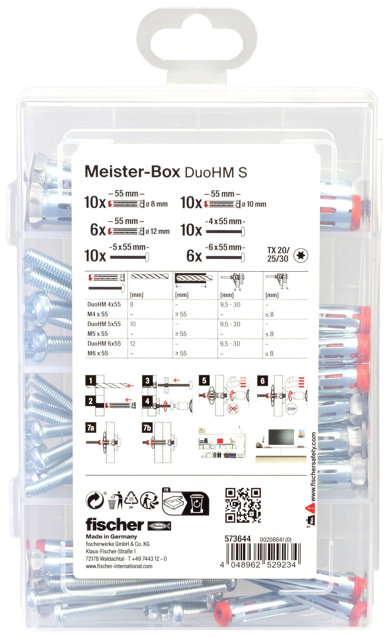Emballage pour 'Boîte Maître DuoHM S' présentant divers chevilles et vis de différentes tailles, accompagnée d'un mode d'emploi et de détails techniques.