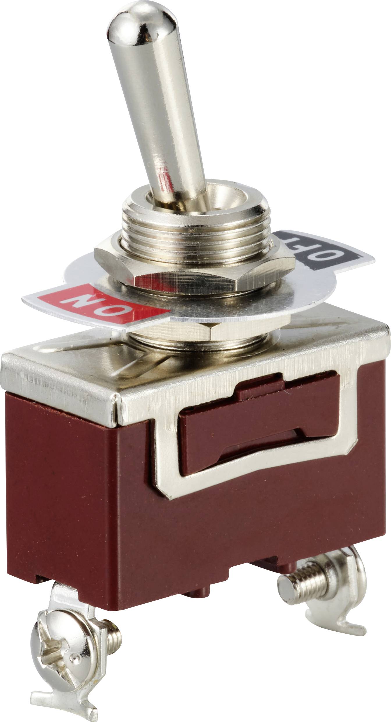 Un interrupteur à bascule affiche les positions 'ON' et 'OFF'. Le levier de l'interrupteur est orienté vers le haut, ce qui indique la position 'ON'.