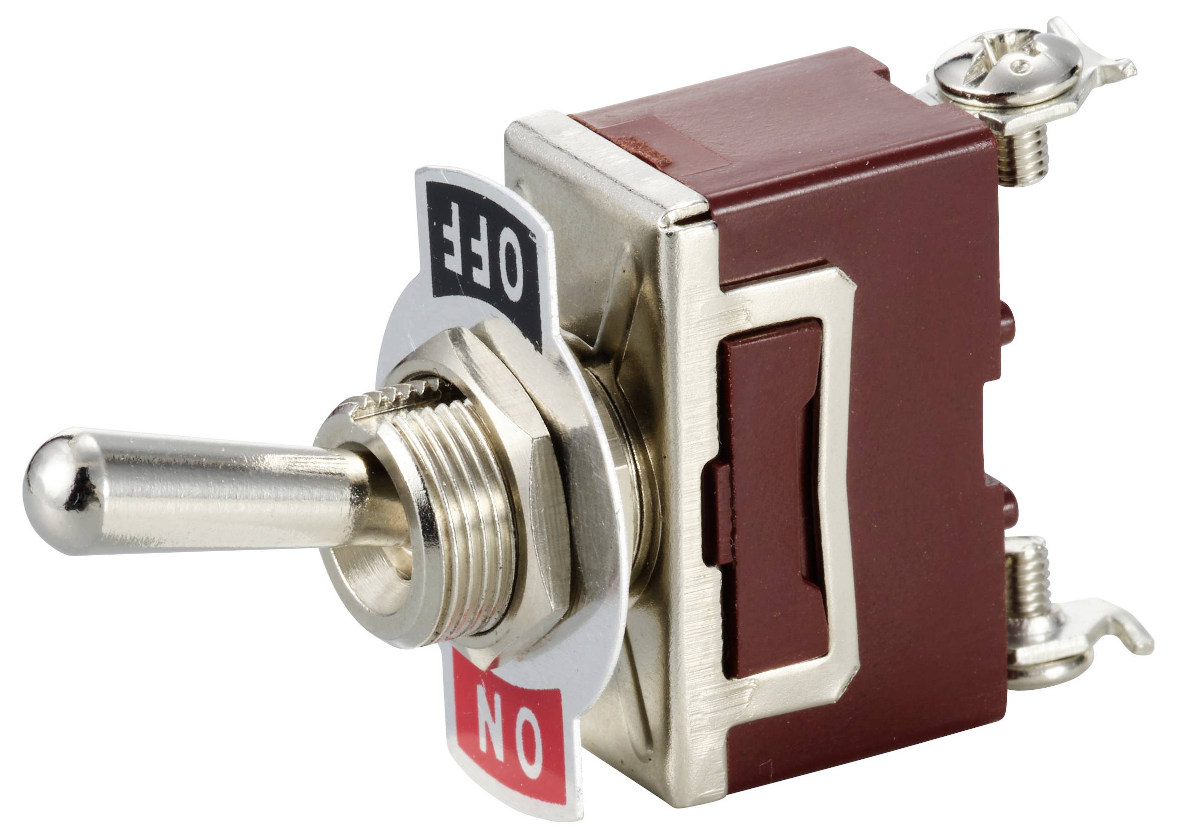 Interrupteur métallique à levier, rouge et argent, marqué 'ON' et 'OFF'. L'interrupteur est positionné sur 'OFF'. Adapté pour les commandes électroniques.