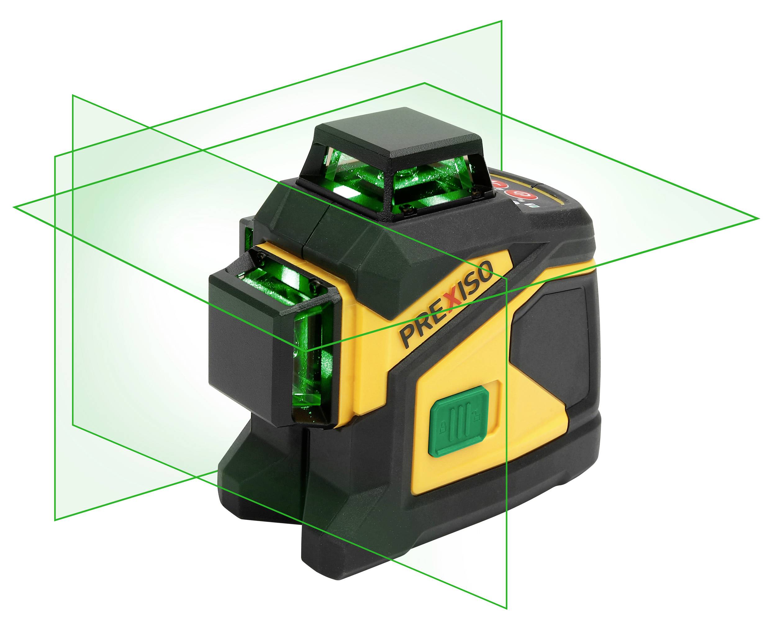Un télémètre laser vert, noir et jaune, projetant des lignes laser horizontales et verticales pour des mesures précises en intérieur.