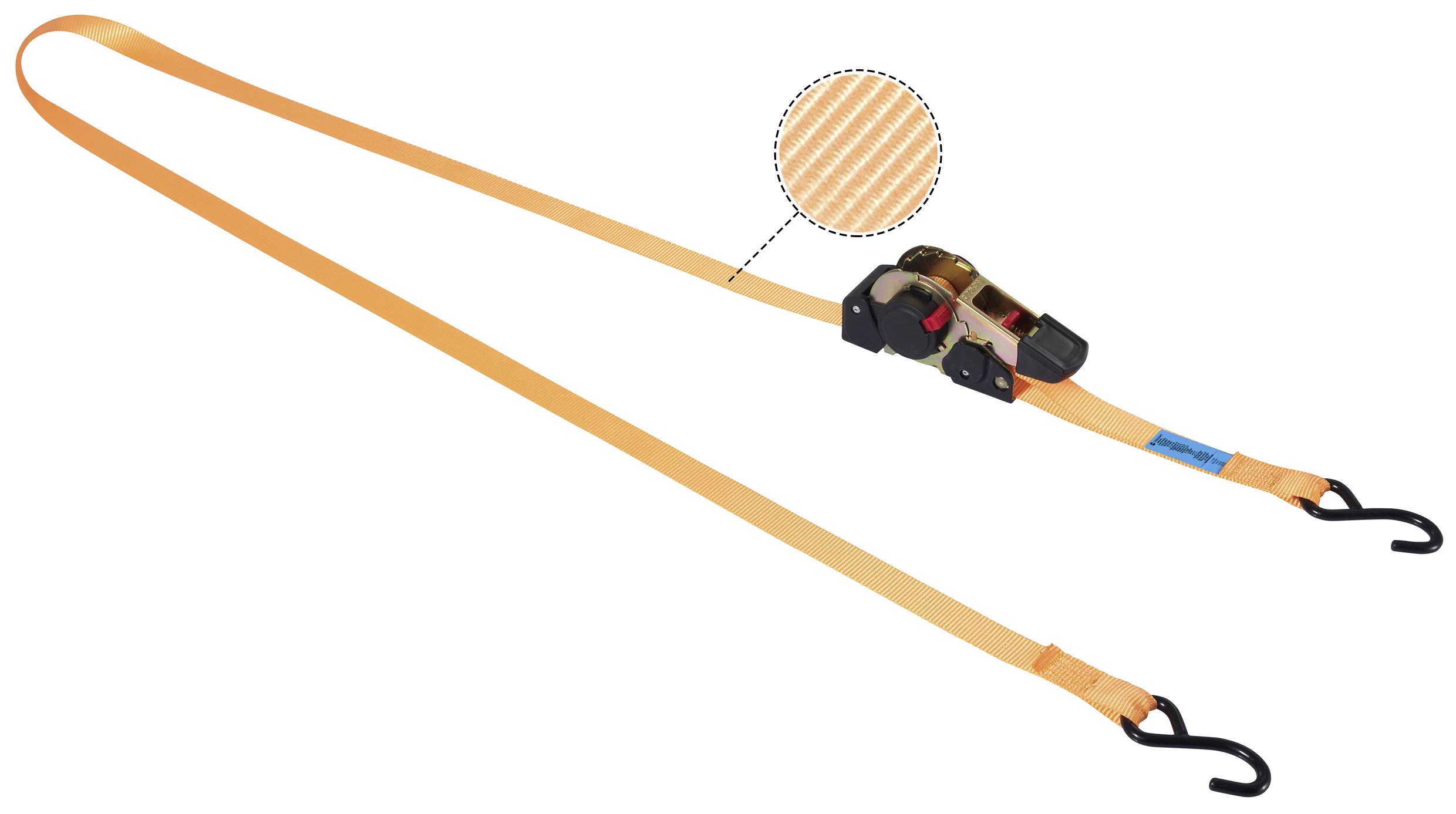 Un sangle orange avec un mécanisme de tension à cliquet et des crochets à chaque extrémité. Une zone agrandie montre le matériau de la sangle en gros plan.