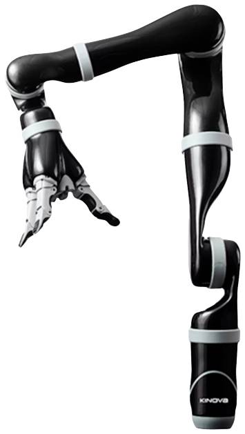 Bras robotique à trois articulations et main préhensile, de couleur noire avec des touches blanches, positionné pour saisir ou manipuler des objets.