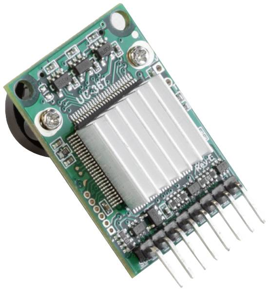 Un module électronique avec un dissipateur thermique, plusieurs broches de connexion et des circuits visibles sur un circuit imprimé vert.