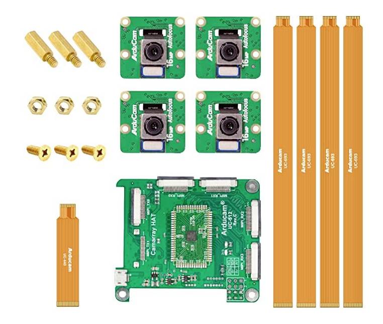 Un kit de développement caméra comprenant quatre modules de caméra, une carte de contrôle, des câbles en nappe et des accessoires de fixation pour projets électroniques.