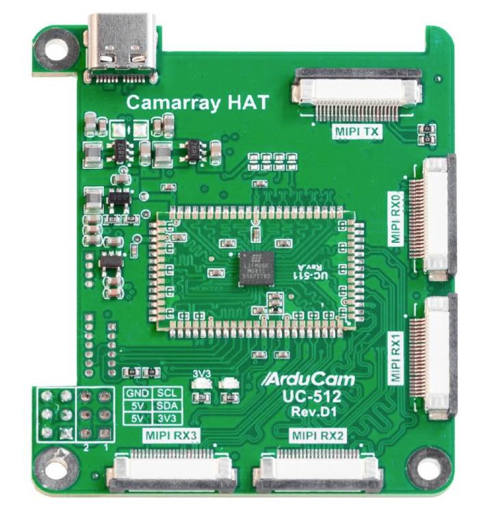 Carte électronique verte portant l'inscription 'Camarray HAT'. Comprend différents connecteurs, puces et une unité centrale de traitement.