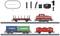 Un ensemble de train miniature avec une locomotive rouge, des wagons de marchandises, des rails et un dispositif de commande. Comprend des conteneurs portant les logos 'CMA CGM' et 'Evergreen'.