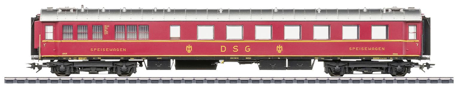 Wagon-restaurant rouge DSG sur rail, vue de côté, avec inscription jaune 'DSG' et 'Speisewagen'.