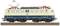Modèle d'une locomotive électrique en crème et bleu sur une voie ferrée. Elle a des pantographes rouges en haut et porte un logo de chemin de fer.