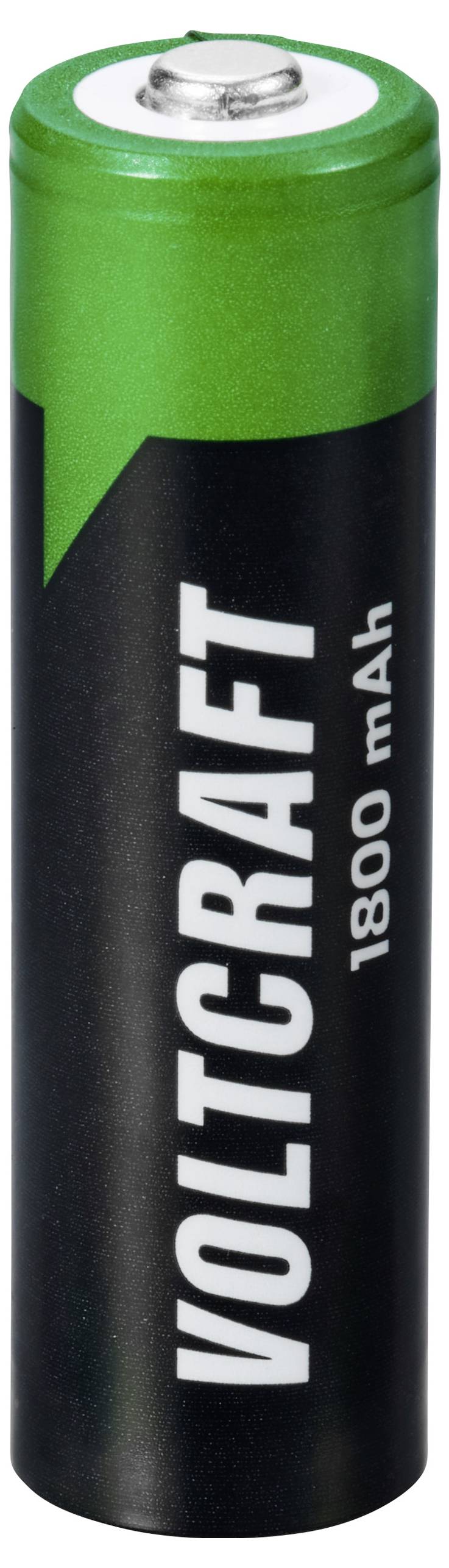 Une batterie alcaline noire avec une tête verte portant l'inscription « Voltcraft 1800 mAh ».