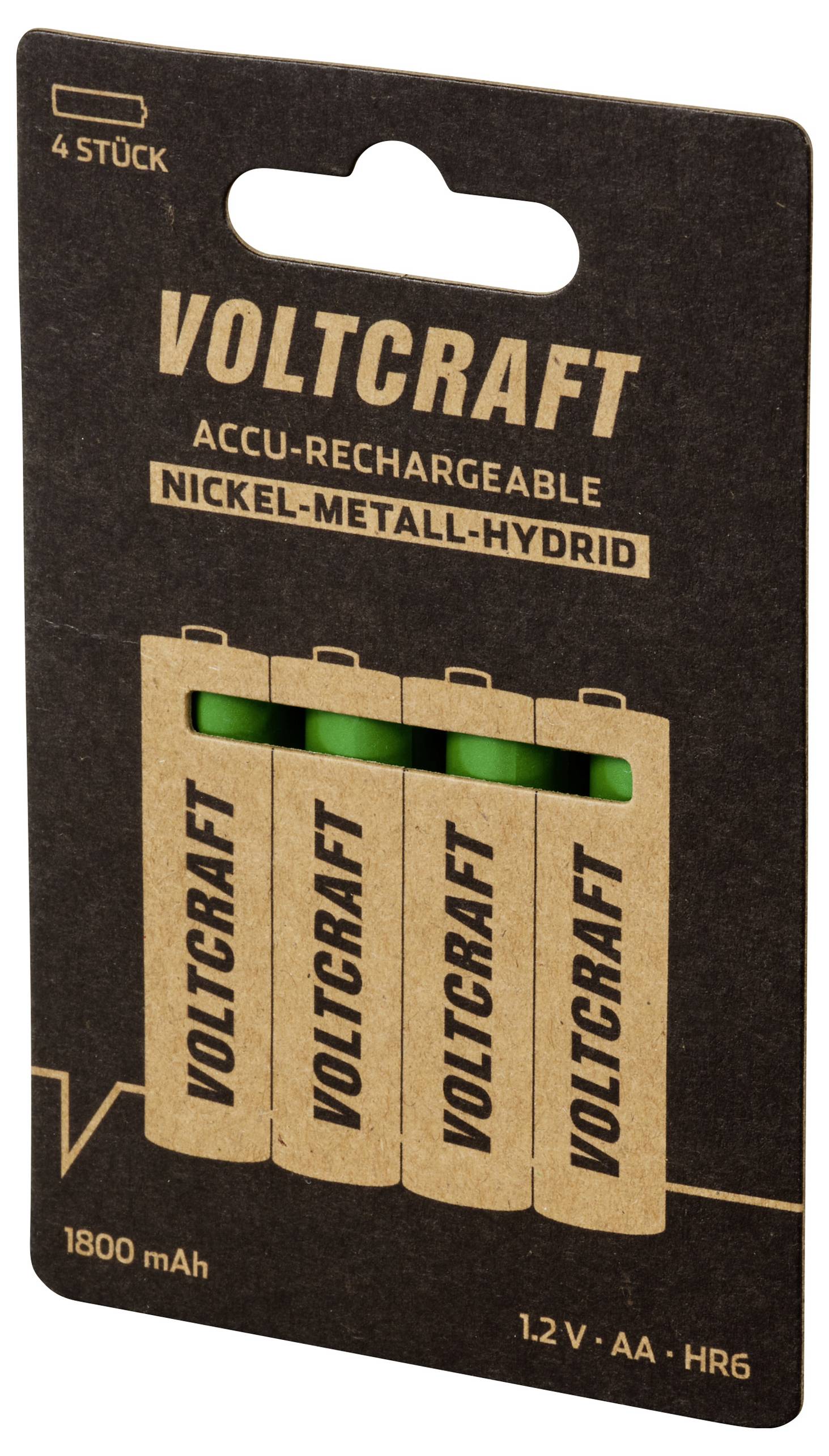 Quatre piles rechargeables AA de la marque Voltcraft dans un emballage. Type : Nickel-Métal-Hydrure, Capacité : 1800 mAh.