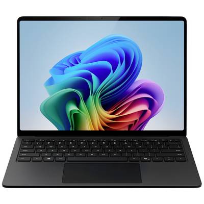 Ordinateur portable à l'écran ouvert, affichant un design abstrait aux couleurs vives. Clavier et pavé tactile visibles.