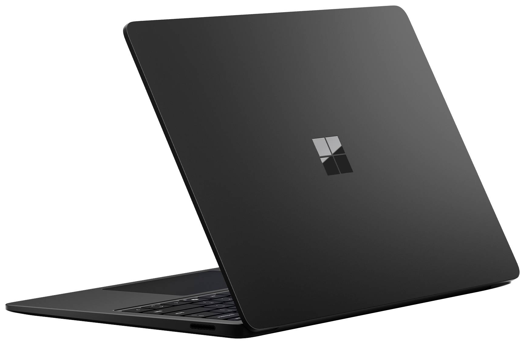 Un ordinateur portable noir avec un logo Windows sur le couvercle, vu de dos et légèrement de côté.