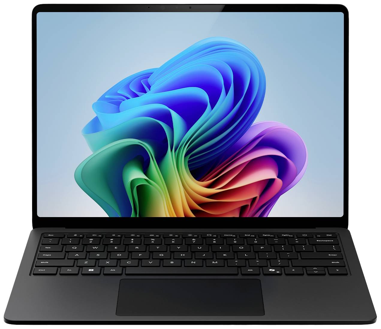 Un ordinateur portable avec une image abstraite aux couleurs vives sur l'écran. L'ordinateur portable possède un clavier noir et un design élégant.