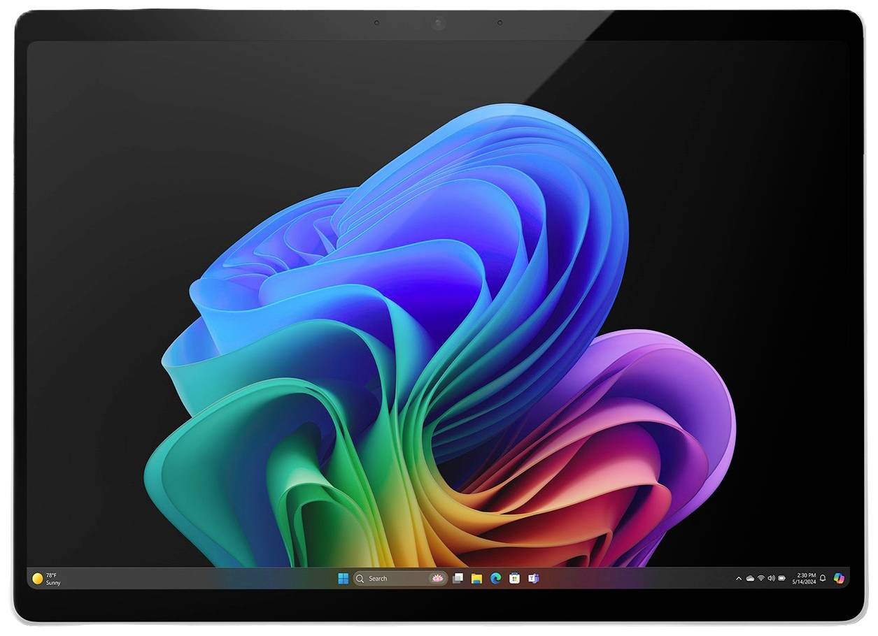 Une tablette avec un fond d'écran abstrait coloré et une barre de tâches affichant plusieurs icônes d'applications.