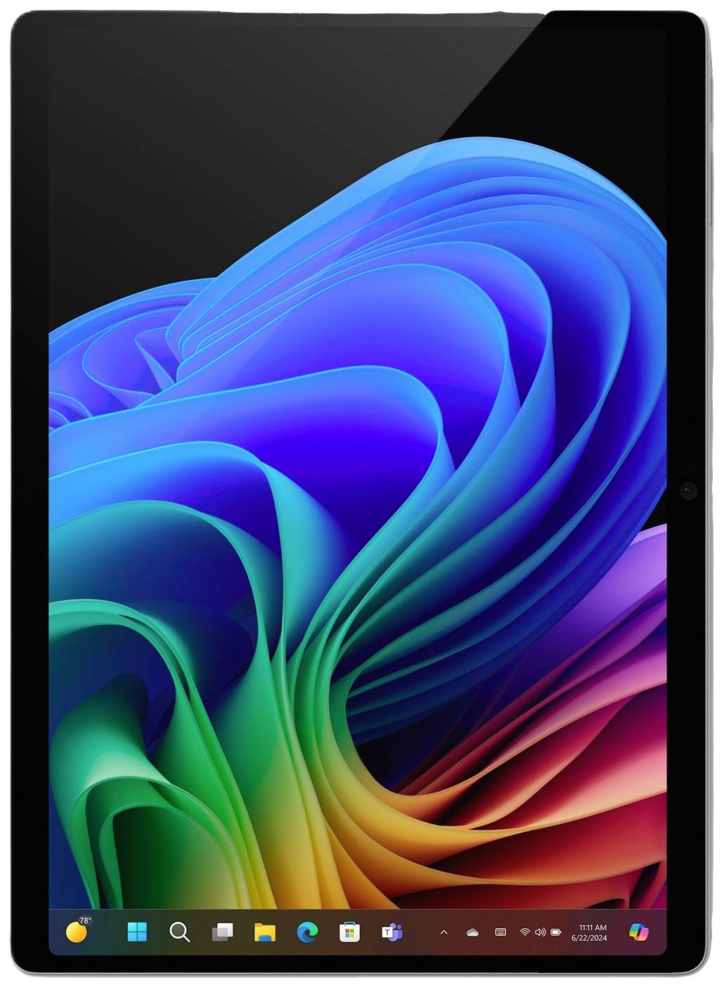 Une tablette avec un arrière-plan d'écran coloré et ondulé. En bas, les icônes de la barre des tâches de Windows sont visibles, notamment le menu Démarrer et l'heure.