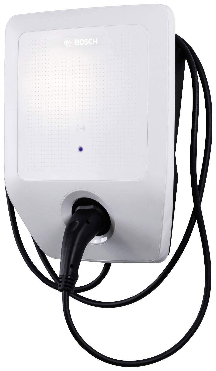 Une station de charge murale blanche Bosch avec un câble de charge connecté, adaptée aux véhicules électriques.