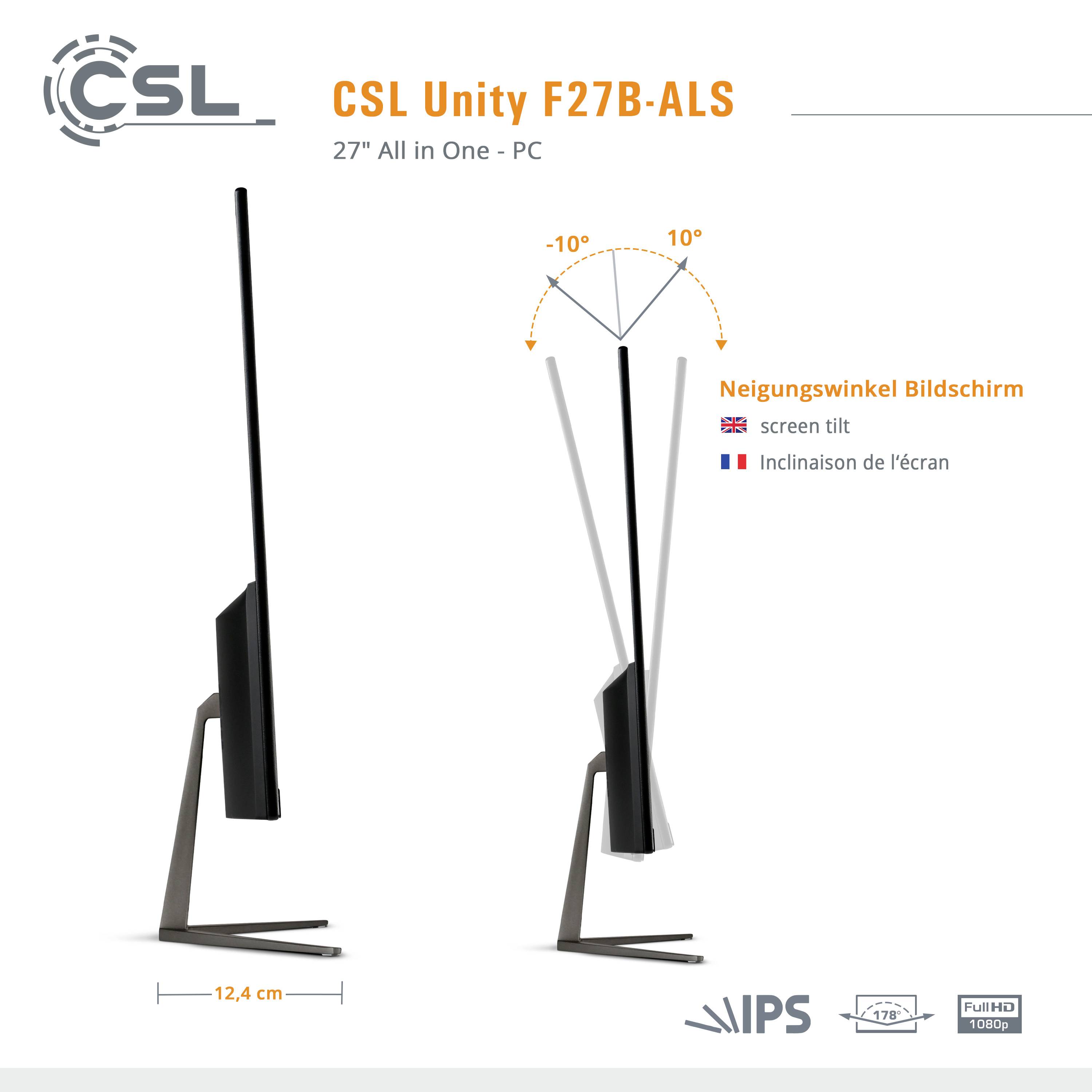 'CSL Unity F27B-ALS', un ordinateur tout-en-un avec indicateur d'angle d'inclinaison de l'écran et profil fin. Diagonale d'écran : 27 pouces.