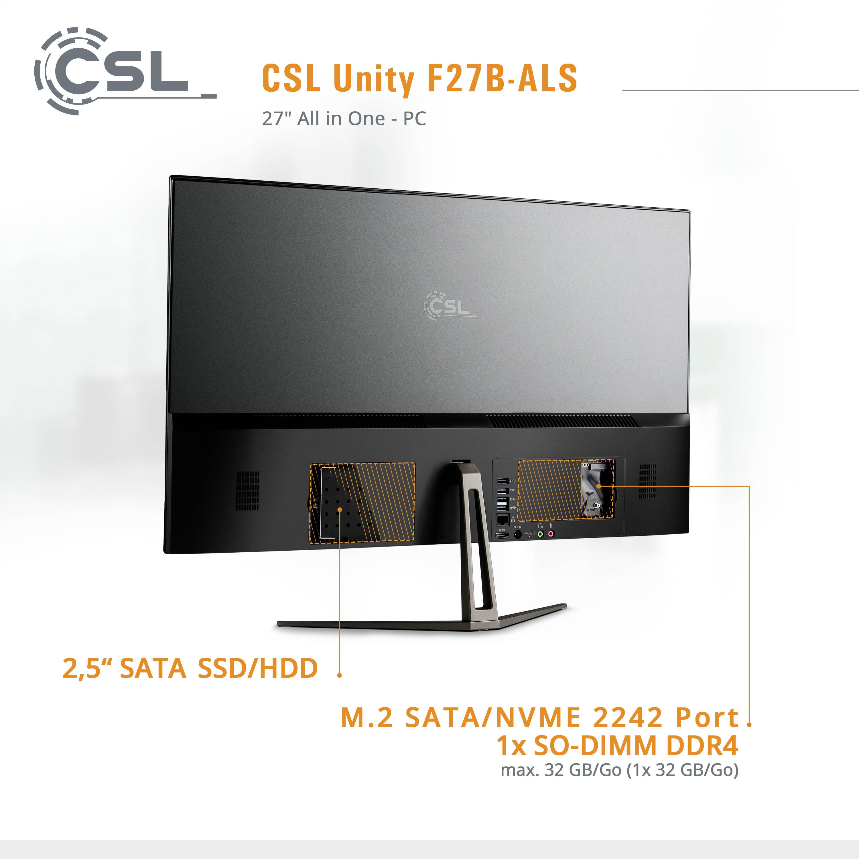 Un ordinateur tout-en-un 'CSL Unity F27B-ALS' avec écran de 27 pouces. Caractéristiques : SSD/HDD SATA 2,5", 1x port M.2 SATA/NVMe 2242, 1x emplacement SO-DIMM DDR4.