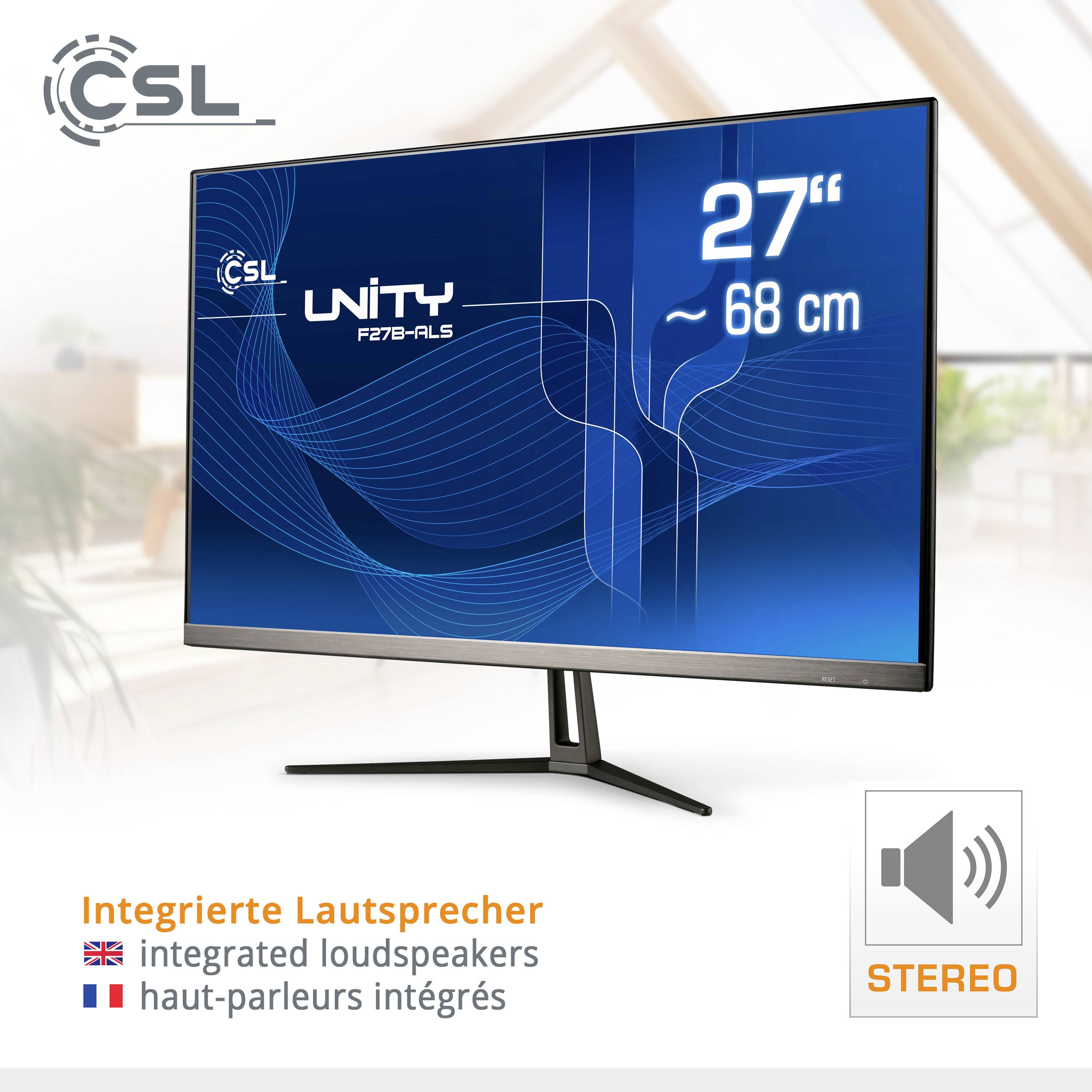 Moniteur de 27 pouces, avec haut-parleur intégré et l'inscription CSL UNITY FB27-FLS. Symbole STÉRÉO en bas à droite.