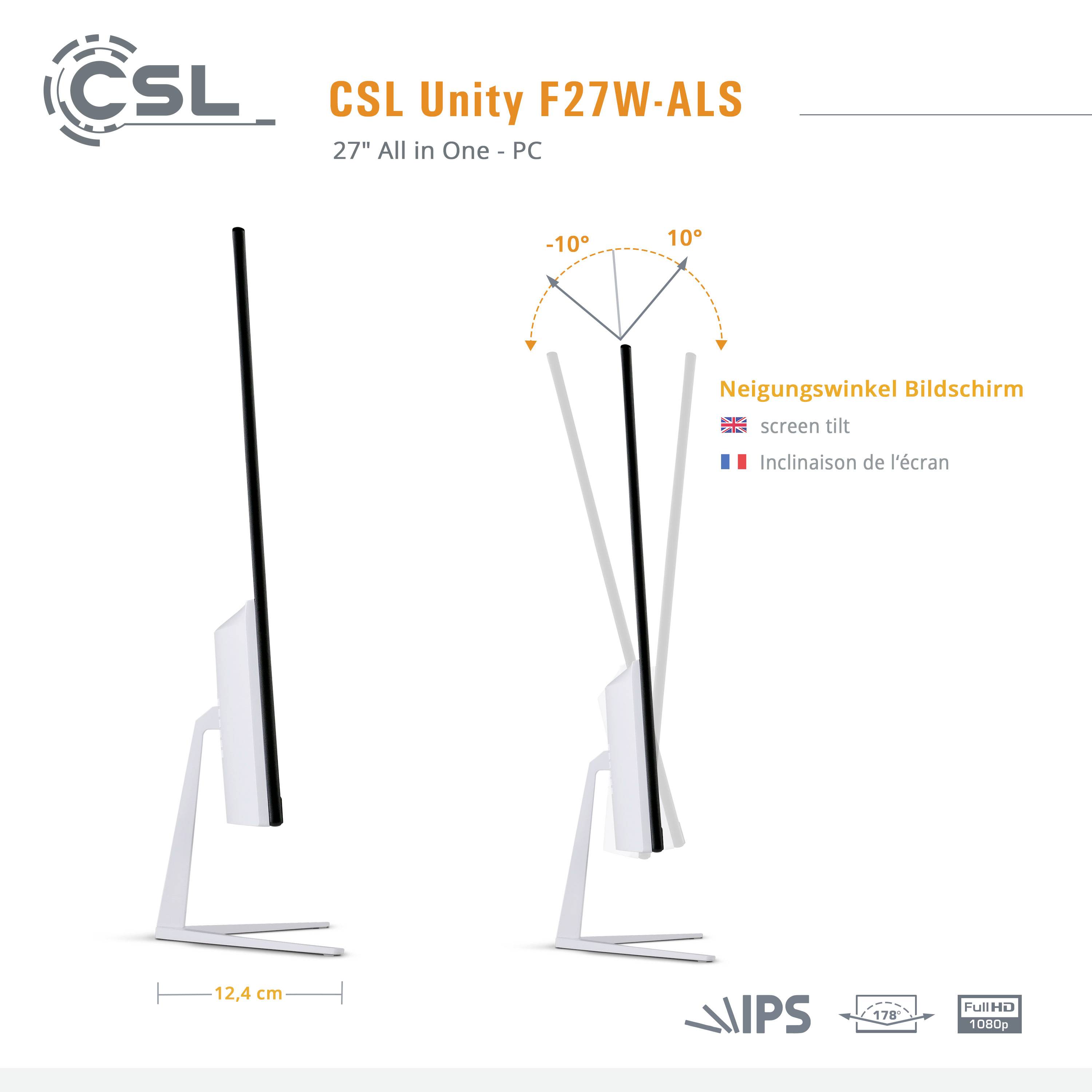 Vue latérale d'un moniteur avec indication de l'angle d'inclinaison. Texte : 'CSL Unity F27W-ALS', 'PC Tout-en-un 27"', 'Angle d'inclinaison de l'écran', 'Inclinaison : 12,4°'.