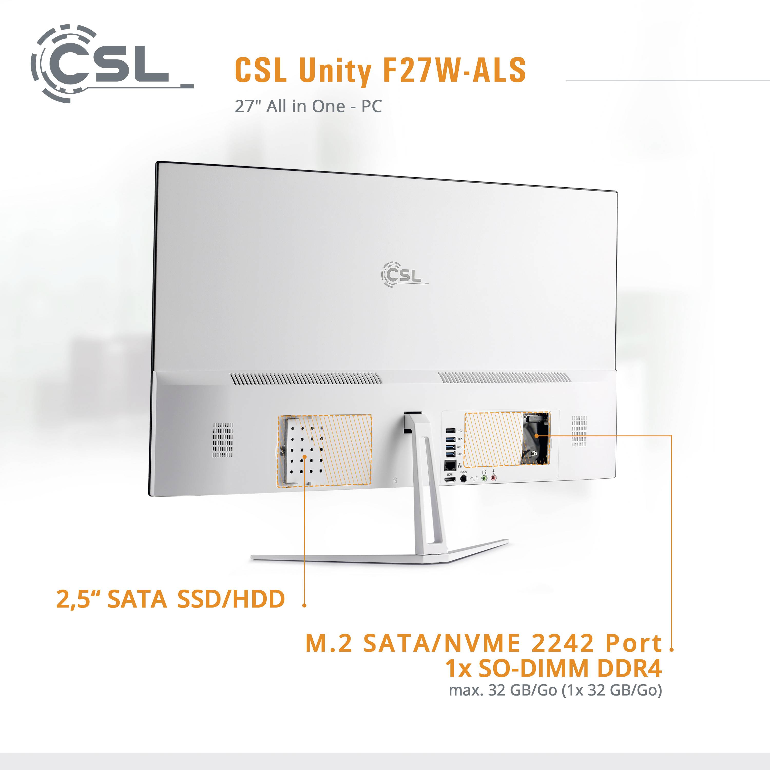 Écran d'ordinateur portant l'inscription 'CSL Unity F27W-ALS'. Le dos présente des connecteurs pour SSD/HDD SATA 2,5" et 1 emplacement M.2.