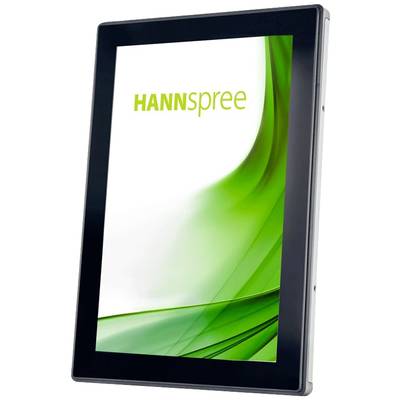 Une tablette noire avec un écran de fond vert affiche le logo 'HANNspree'.