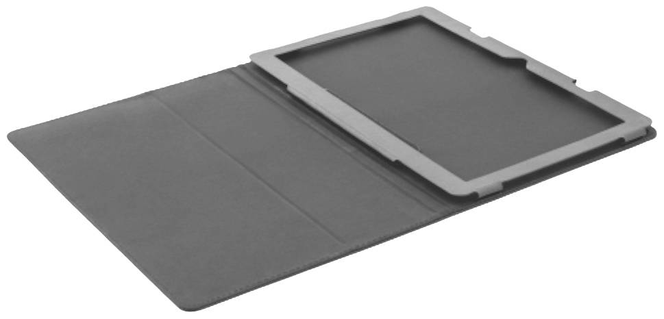 Étui de protection noir en position ouverte, adapté à une tablette. Le couvercle est à gauche, le support de l'appareil est à droite.
