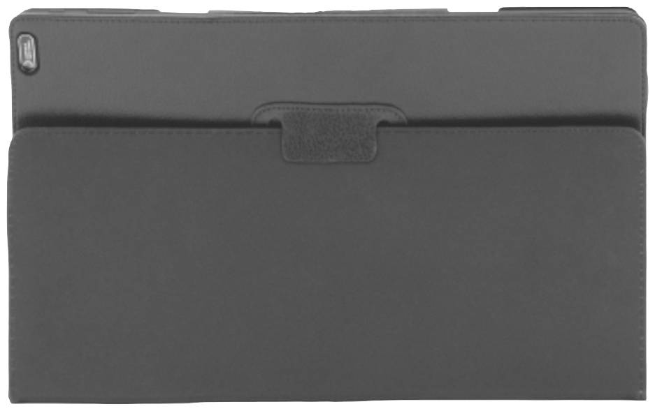 Un étui en cuir noir, rectangulaire, plat, avec une fermeture magnétique au centre du dessus. Design simple et élégant.
