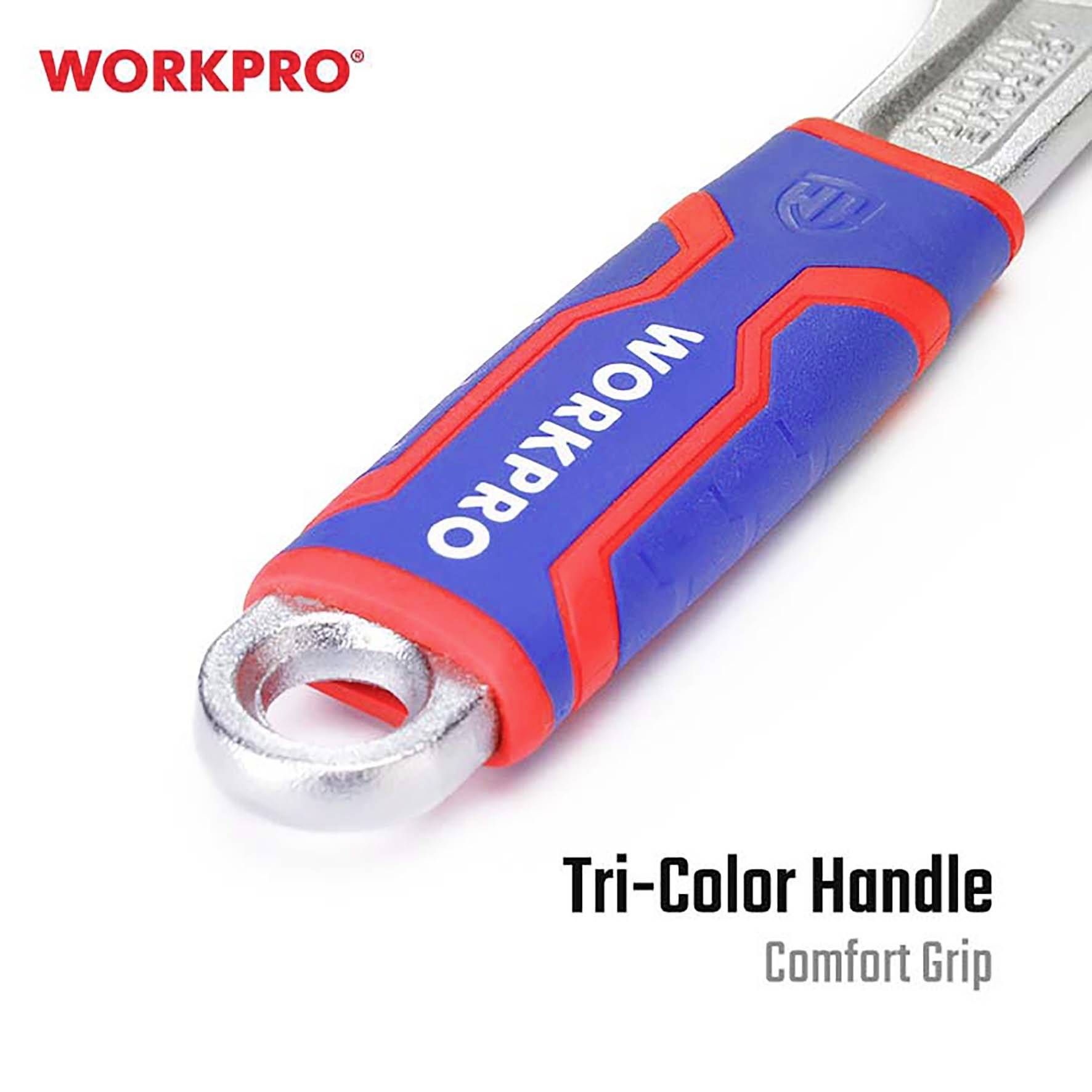 L'image montre une clé à molette de la marque WorkPro avec une poignée tricolore, mettant l'accent sur la prise en main confortable.