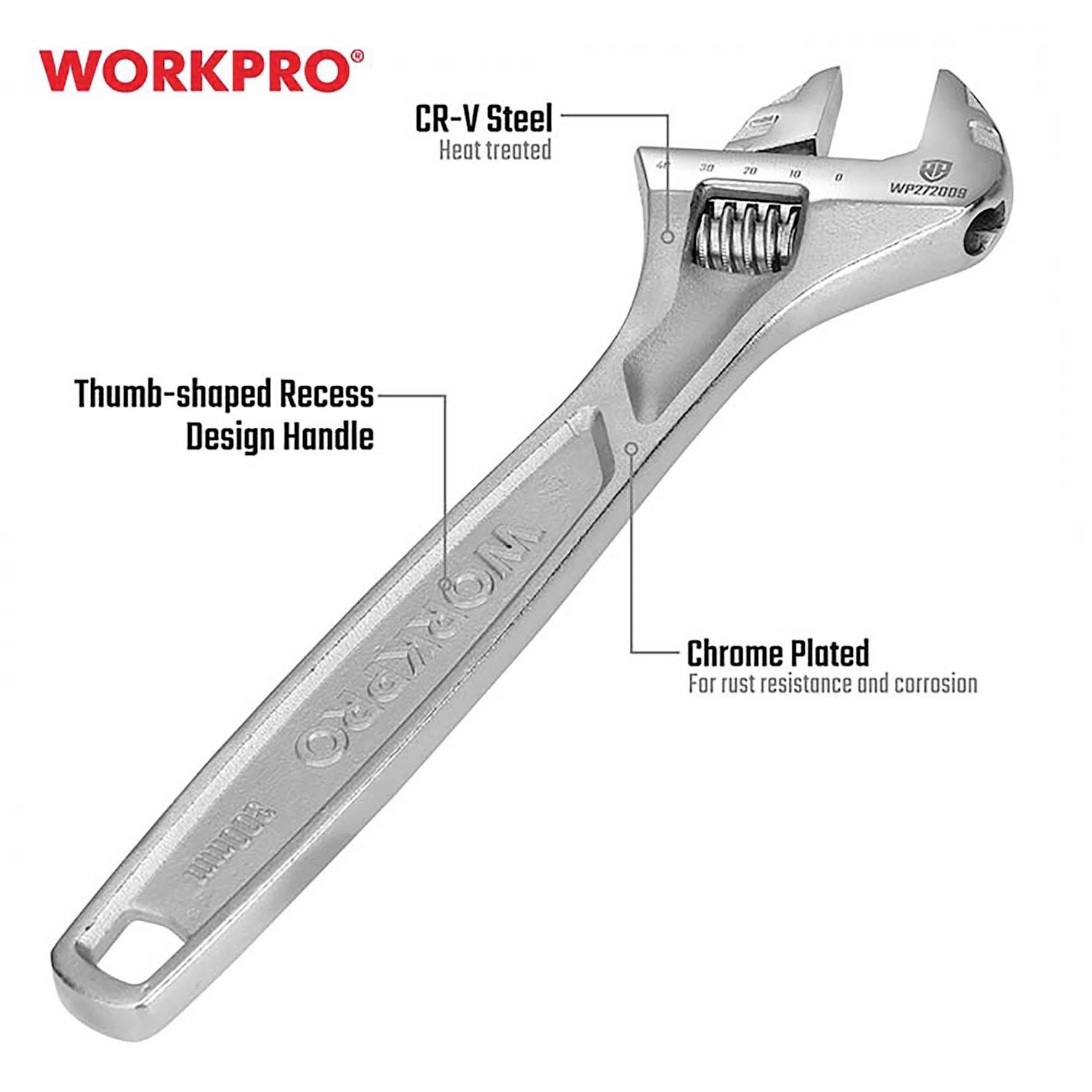 Une clé à molette réglable de WORKPRO, en acier CR-V chromé, offrant une résistance à la rouille et une protection contre la corrosion.