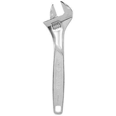 Clé à molette en métal brillant, équipée d'une échelle permettant d'ajuster la taille pour s'adapter à différents diamètres de vis.