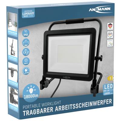 Projecteur de travail LED portable Ansmann de 150W, 18 000 lumens. Idéal pour les chantiers, l'éclairage d'atelier. Classe de protection IP65.