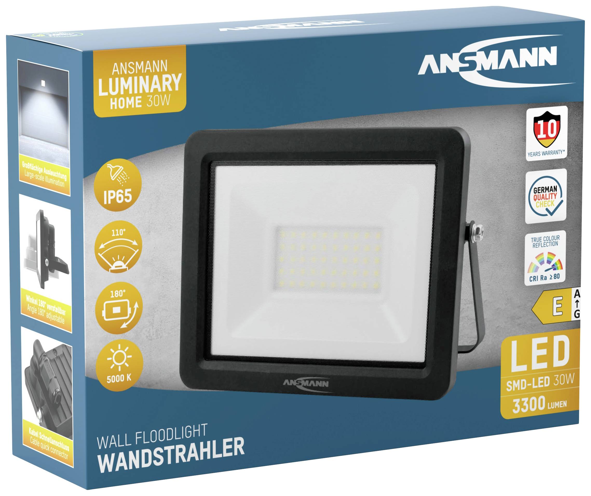 Emballage d'un projecteur mural à LED Ansmann, 30W, 3300 lumens, IP65, angle de faisceau de 118°, avec certifications CE et TÜV.