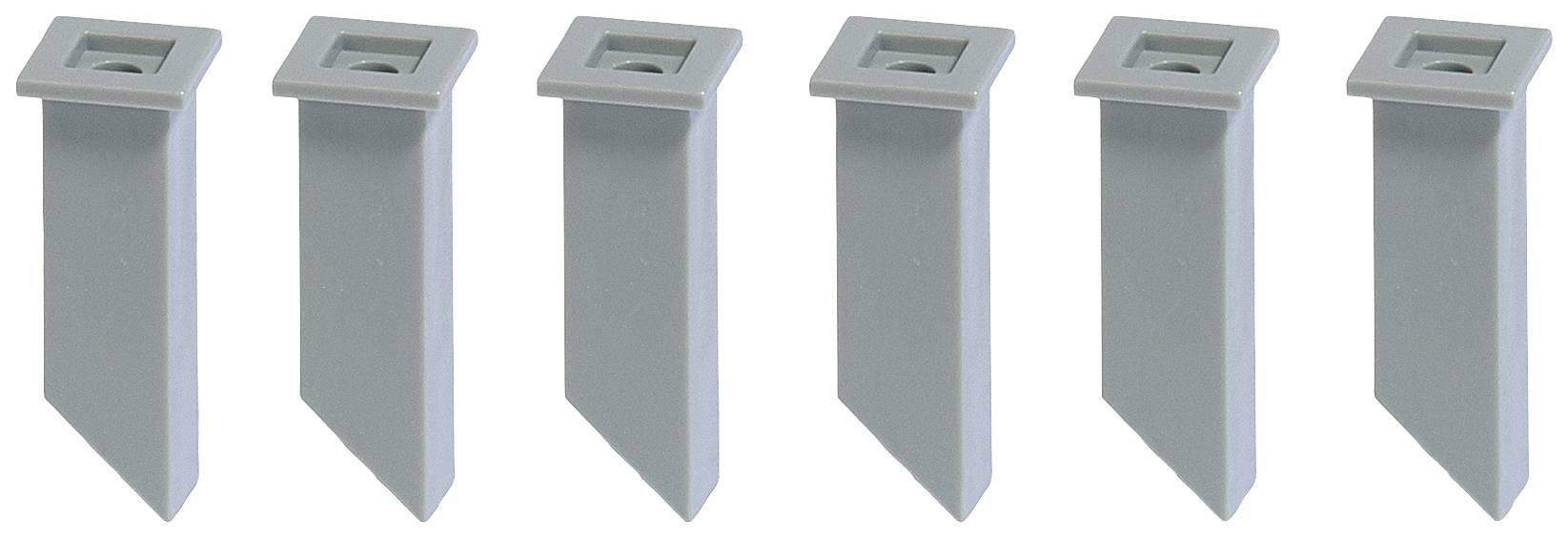 Six pièces en plastique gris, rectangulaires avec une extrémité biseautée, disposées uniformément côte à côte en une rangée.