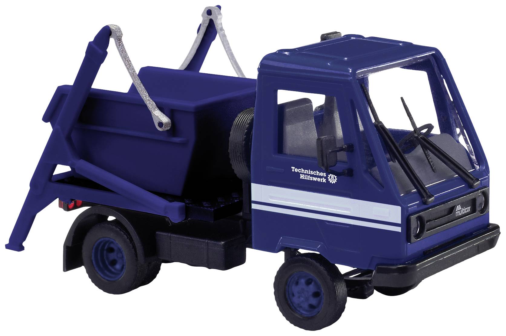 Modèle réduit d'un camion-benne bleu avec le logo de la 'Technisches Hilfswerk' sur le côté, sans fonction particulière visible.
